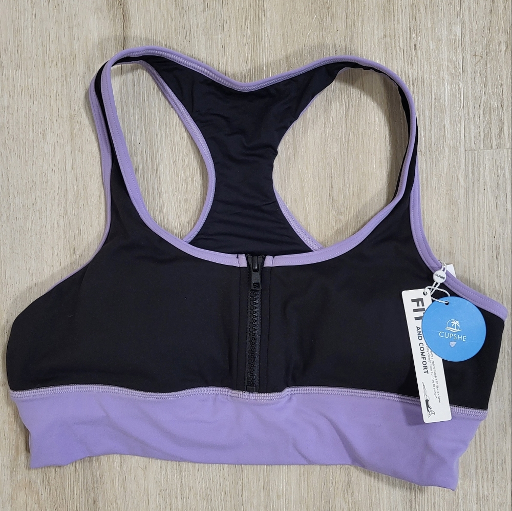Cupshe Black and Lavender Front-Zip Racerback Sports Bra